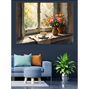 Pencerede Vazoda Çiçekler Dekoratif Kanvas - Mdf Ahşap Tablo