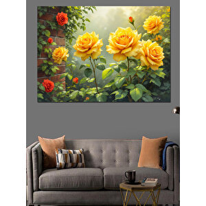 Güneşli Bahçede Sarı Güller Dekoratif Kanvas - Mdf Ahşap Tablo 50x70 cm