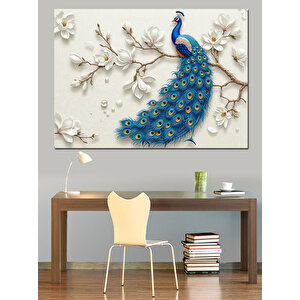 Beyaz Çiçekli Mavi Tavus Kuşu Dekoratif Kanvas - Mdf Ahşap Tablo 70x100 cm