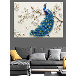 Beyaz Çiçekli Mavi Tavus Kuşu Dekoratif Kanvas - Mdf Ahşap Tablo 70x100 cm