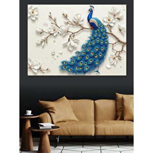 Beyaz Çiçekli Mavi Tavus Kuşu Dekoratif Kanvas - Mdf Ahşap Tablo 70x100 cm