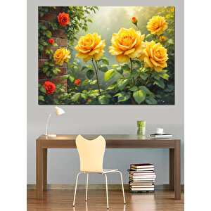 Güneşli Bahçede Sarı Güller Dekoratif Kanvas - Mdf Ahşap Tablo 25x35 cm