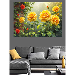 Güneşli Bahçede Sarı Güller Dekoratif Kanvas - Mdf Ahşap Tablo 25x35 cm