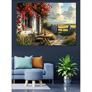 Çiçekli Bahçeli Kır Evi Dekoratif Kanvas - Mdf Ahşap Tablo 70x100 cm