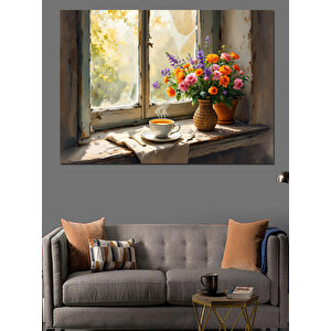 Pencerede Vazoda Çiçekler Dekoratif Kanvas - Mdf Ahşap Tablo 70x100 cm