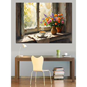 Pencerede Vazoda Çiçekler Dekoratif Kanvas - Mdf Ahşap Tablo 70x100 cm