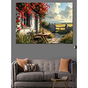 Çiçekli Bahçeli Kır Evi Dekoratif Kanvas - Mdf Ahşap Tablo 100x140 cm