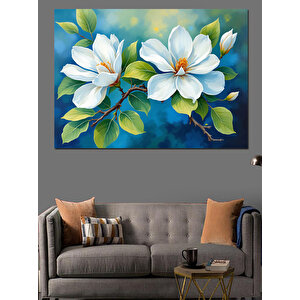 Beyaz Çiçekler Mavi Yapraklar Dekoratif Kanvas - Mdf Ahşap Tablo 50x70 cm