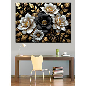 Altın Siyah Çiçekler Dekoratif Kanvas - Mdf Ahşap Tablo 35x50 cm