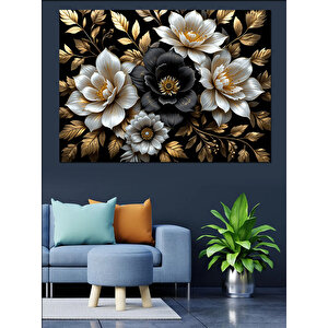 Altın Siyah Çiçekler Dekoratif Kanvas - Mdf Ahşap Tablo 70x100 cm