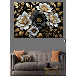 Altın Siyah Çiçekler Dekoratif Kanvas - Mdf Ahşap Tablo 50x70 cm