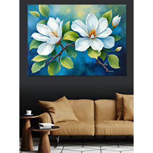 Beyaz Çiçekler Mavi Yapraklar Dekoratif Kanvas - Mdf Ahşap Tablo 70x100 cm