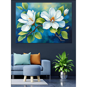 Beyaz Çiçekler Mavi Yapraklar Dekoratif Kanvas - Mdf Ahşap Tablo 70x100 cm