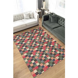 Çiçekli Patchwork Halı Geometrik Halı Renkli Kareli Oturma Odası Halısı Çiçekli Salon Halı 80x120 cm