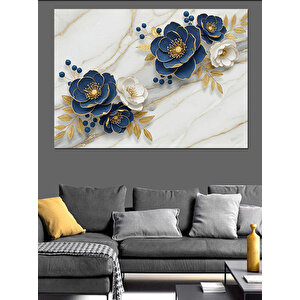 Altın Mavi Çiçek Aranjmanı Dekoratif Kanvas - Mdf Ahşap Tablo 100x140 cm