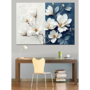 Beyaz Çiçek Desenli Fon Dekoratif Kanvas - Mdf Ahşap Tablo 100x140 cm