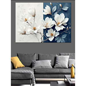 Beyaz Çiçek Desenli Fon Dekoratif Kanvas - Mdf Ahşap Tablo 100x140 cm