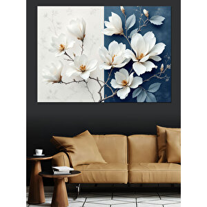 Beyaz Çiçek Desenli Fon Dekoratif Kanvas - Mdf Ahşap Tablo 100x140 cm