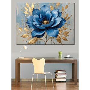 Mavi Çiçek Altın Yapraklar Dekoratif Kanvas - Mdf Ahşap Tablo 35x50 cm