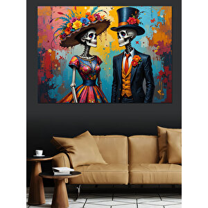 İskelet Adam Çiçekli Şapka Dekoratif Kanvas - Mdf Ahşap Tablo 70x100 cm