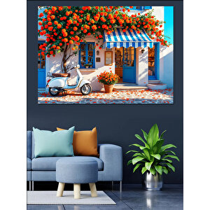 Mavi Panjurlu Çiçekli Ev Dekoratif Kanvas - Mdf Ahşap Tablo 100x140 cm