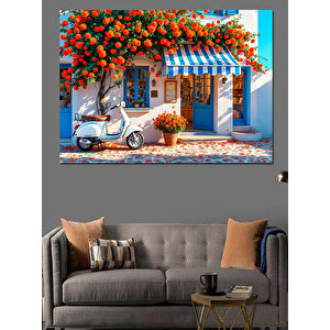 Mavi Panjurlu Çiçekli Ev Dekoratif Kanvas - Mdf Ahşap Tablo 100x140 cm