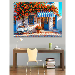Mavi Panjurlu Çiçekli Ev Dekoratif Kanvas - Mdf Ahşap Tablo 100x140 cm