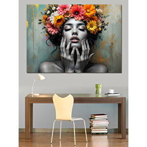 Çiçekli Taçlı Renkli Kadın Dekoratif Kanvas - Mdf Ahşap Tablo 100x140 cm