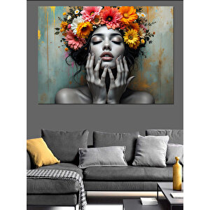 Çiçekli Taçlı Renkli Kadın Dekoratif Kanvas - Mdf Ahşap Tablo 100x140 cm