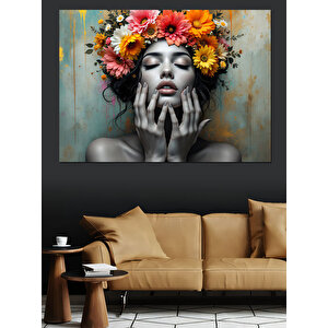 Çiçekli Taçlı Renkli Kadın Dekoratif Kanvas - Mdf Ahşap Tablo 100x140 cm