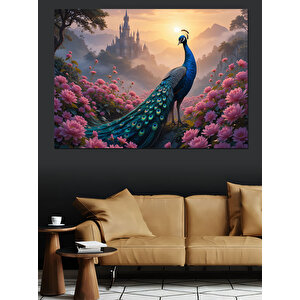 Pembe Çiçekler Arasında Tavus Dekoratif Kanvas - Mdf Ahşap Tablo