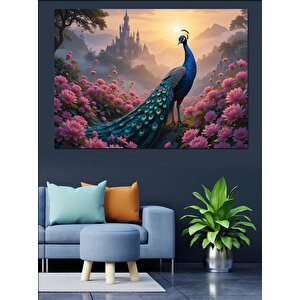 Pembe Çiçekler Arasında Tavus Dekoratif Kanvas - Mdf Ahşap Tablo