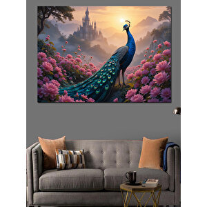 Pembe Çiçekler Arasında Tavus Dekoratif Kanvas - Mdf Ahşap Tablo 100x140 cm