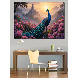 Pembe Çiçekler Arasında Tavus Dekoratif Kanvas - Mdf Ahşap Tablo 100x140 cm
