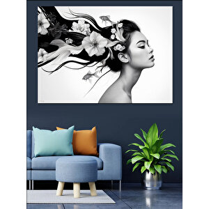 Çiçek Desenli Kadın Portresi Dekoratif Kanvas - Mdf Ahşap Tablo 50x70 cm
