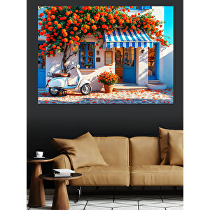 Mavi Panjurlu Çiçekli Ev Dekoratif Kanvas - Mdf Ahşap Tablo