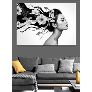 Çiçek Desenli Kadın Portresi Dekoratif Kanvas - Mdf Ahşap Tablo 25x35 cm
