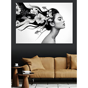 Çiçek Desenli Kadın Portresi Dekoratif Kanvas - Mdf Ahşap Tablo 25x35 cm