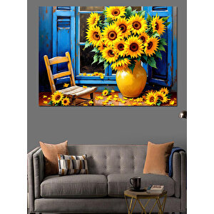Mavi Pencere Ve Güneş Çiçekleri Dekoratif Kanvas - Mdf Ahşap Tablo 25x35 cm