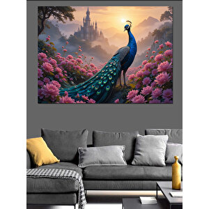 Pembe Çiçekler Arasında Tavus Dekoratif Kanvas - Mdf Ahşap Tablo 70x100 cm