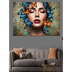 Yüzünde Mavi Kelebekler Dekoratif Kanvas - Mdf Ahşap Tablo 100x140 cm