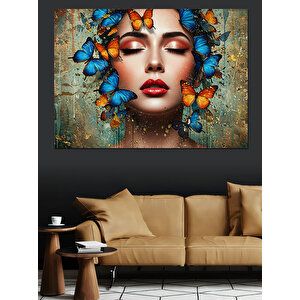 Yüzünde Mavi Kelebekler Dekoratif Kanvas - Mdf Ahşap Tablo 70x100 cm