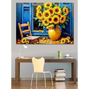 Mavi Pencere Ve Güneş Çiçekleri Dekoratif Kanvas - Mdf Ahşap Tablo 100x140 cm