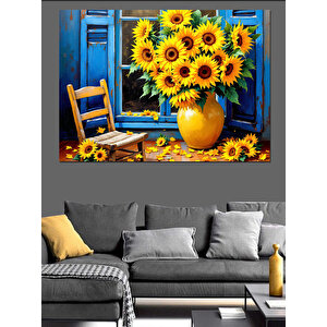 Mavi Pencere Ve Güneş Çiçekleri Dekoratif Kanvas - Mdf Ahşap Tablo 100x140 cm