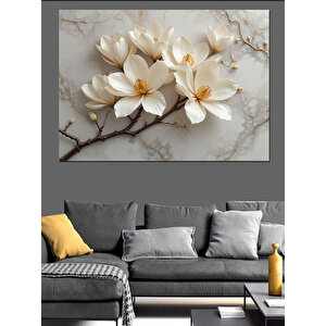 Beyaz Çiçekli Mermer Arka Plan Dekoratif Kanvas - Mdf Ahşap Tablo 50x70 cm