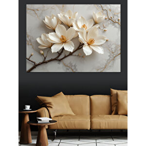 Beyaz Çiçekli Mermer Arka Plan Dekoratif Kanvas - Mdf Ahşap Tablo 50x70 cm