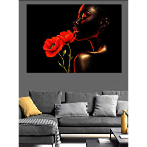 Kırmızı Çiçek Öpen Kadın Dekoratif Kanvas - Mdf Ahşap Tablo 50x70 cm