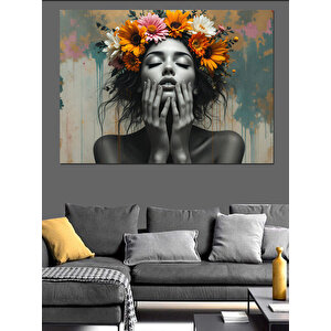 Güneş Çiçekleri İle Kadın Dekoratif Kanvas - Mdf Ahşap Tablo 50x70 cm
