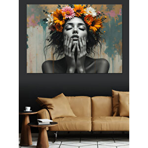 Güneş Çiçekleri İle Kadın Dekoratif Kanvas - Mdf Ahşap Tablo 100x140 cm