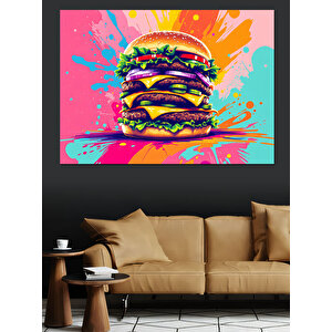 Patlayan Renkli Hamburger Dekoratif Kanvas - Mdf Ahşap Tablo 100x140 cm